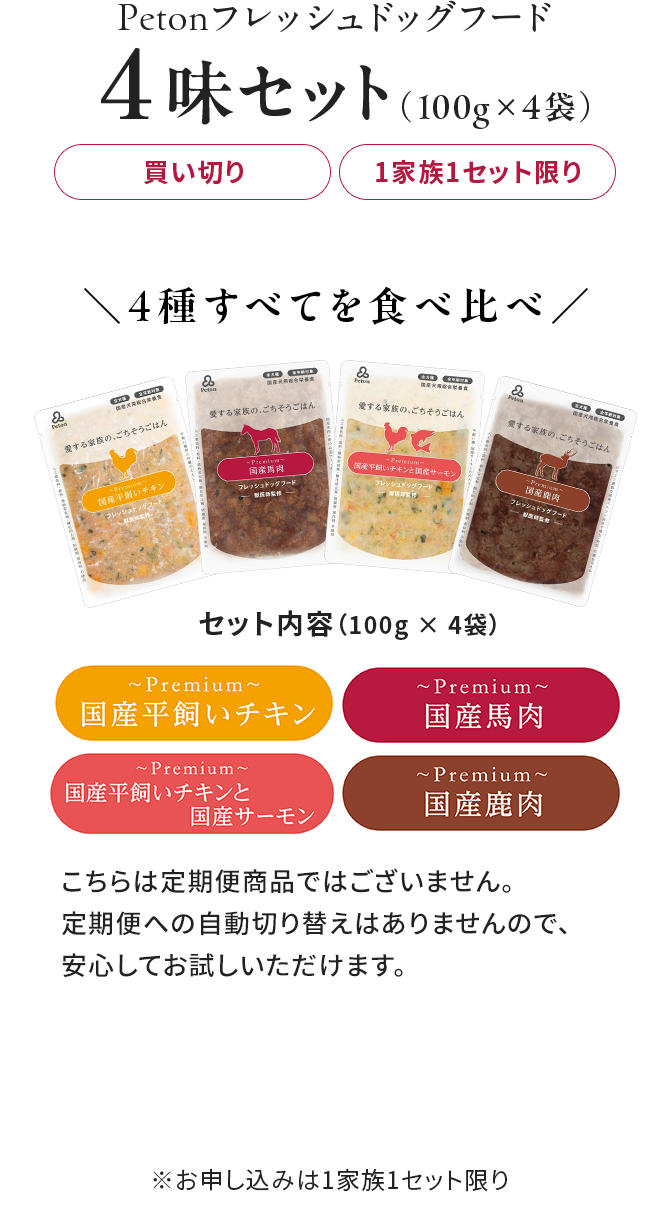 Petonフレッシュドッグフード4味セット（100g×4袋）。国産平飼いチキン、国産馬肉、国産平飼いチキンと国産サーモン、国産鹿肉を食べ比べ。定期便ではなく、自動切り替えもありません。お申し込みは1家族1セット限り。