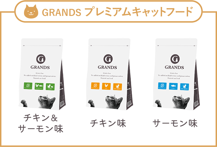 GRANDSプレミアムキャットフードはチキン&サーモン味とチキン味とサーモン味が対象です。