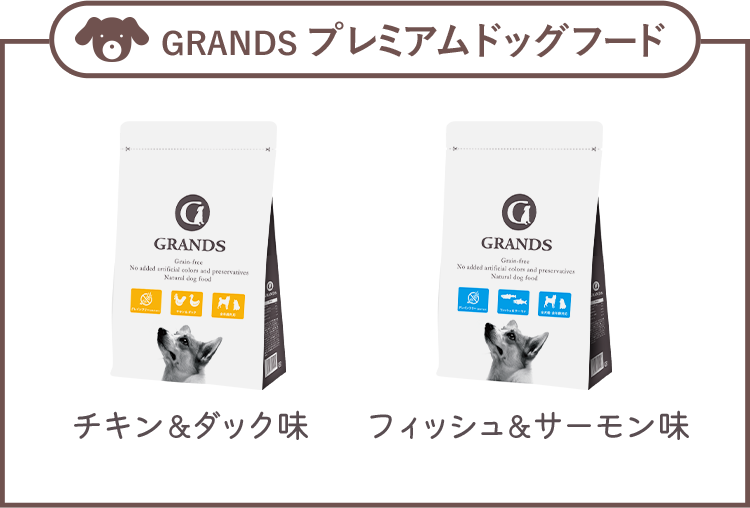 GRANDSプレミアムドッグフードはチキン&ダック味とフィッシュ&サーモン味が対象です。