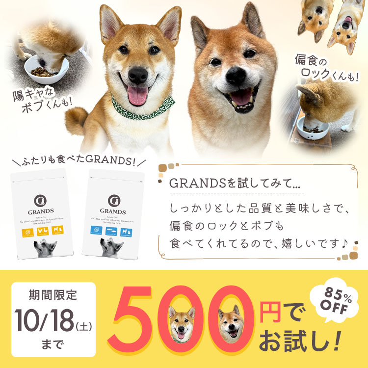 期間限定10月18日（土曜日）まで、85%OFFの500円でお試しできます。柴犬ロックちゃんねる。のご家族からのコメントをご紹介「しっかりとした品質と美味しさで、偏食のロックとボブも食べてくれるので、嬉しいです」