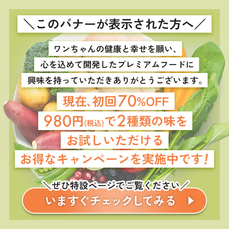 「このバナーが表示された方へ」と書かれた広告画像。野菜の写真を背景に、ワンちゃんの健康と幸せを願って開発されたプレミアムフードを紹介しており、初回70％OFFで税込980円で2種類の味を試せるキャンペーンを実施中。「いますぐチェックしてみる」というボタンが配置されている。