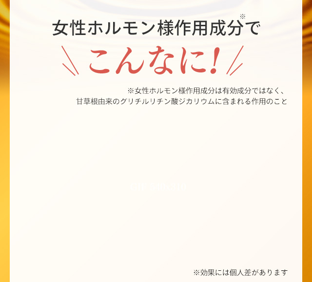 女性ホルモン様作用成分※で こんなに！ ※女性ホルモン様作用成分は有効成分ではなく、甘草根由来のグリチルチリン酸ジカリウムに含まれる作用のこと ※効果には個人差があります
