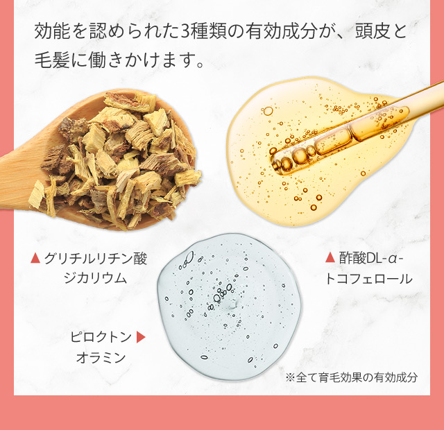 効能を認められた3種類の有効成分が、頭皮と毛髪に働きかけます。 グリチルリチン酸ジカリウム 酢酸DL-α-トコフェロール ピロクトンオラミン ※全て育毛効果の有効成分