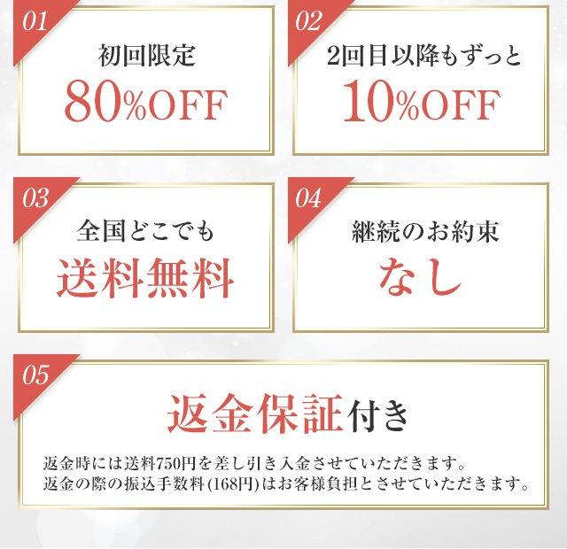 01 初回限定 76％OFF 02 2回目以降もずっと 10％OFF 03 全国どこでも 送料無料 04 いつでも 解約OK 05 30日間金額返金保証付き