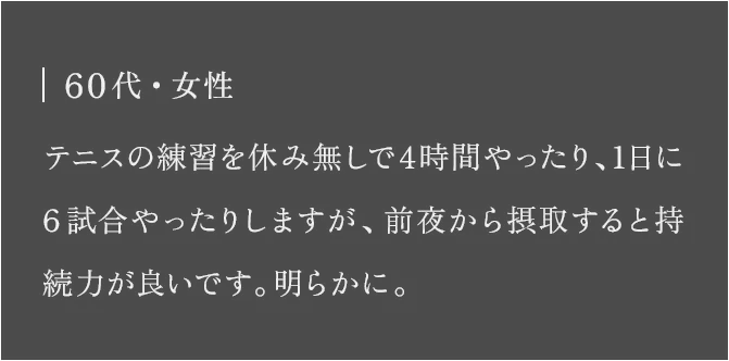 60代・女性 テニスの練習を休み無しで4時間やったり、1日に6試合やったりしますが、前夜から摂取すると持続力が良いです。明らかに。
