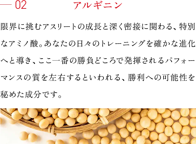 02 アルギニン 限界に挑むアスリートの成長と深く密接に関わる、特別なアミノ酸。あなたの日々のトレーニングを確かな進化へと導き、ここ一番の勝負どころで発揮されるパフォーマンスの質を左右するといわれる、勝利への可能性を秘めた成分です。