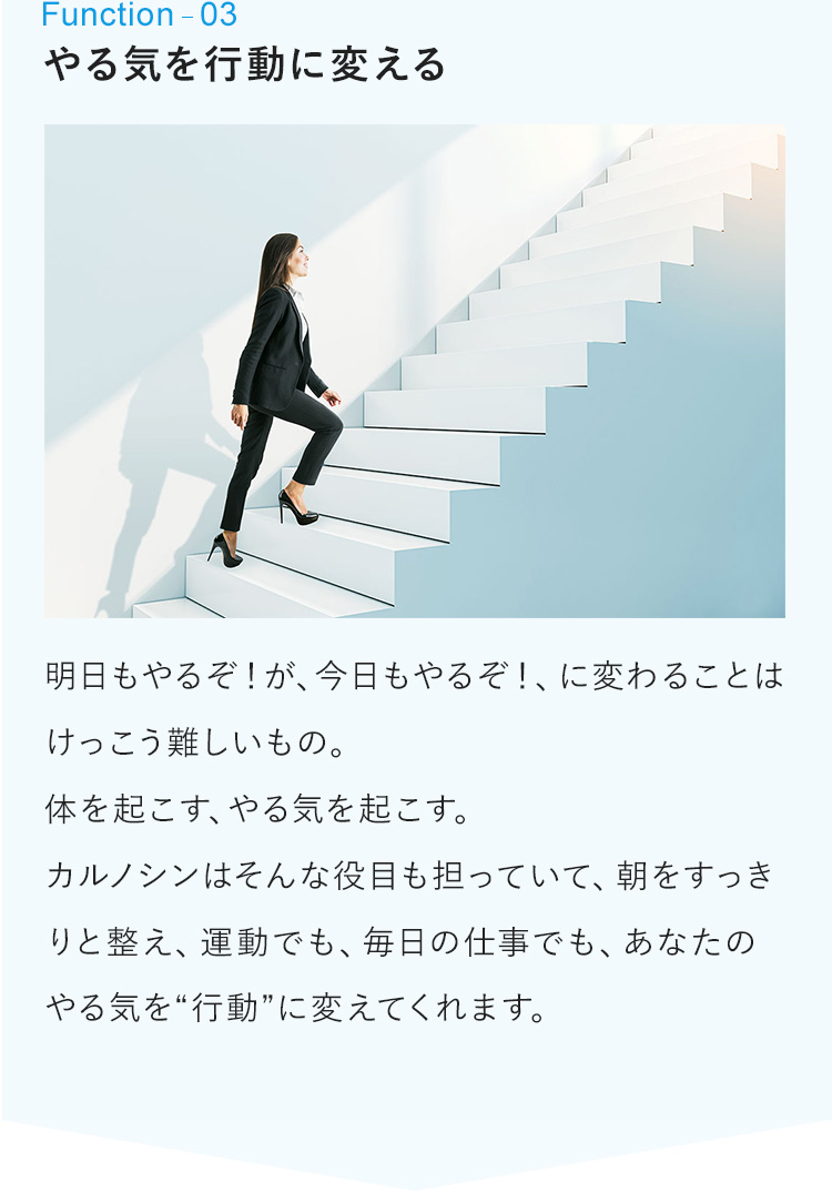 3：やる気を行動に変える　明日もやるぞ！が、今日もやるぞ！、に変わることはけっこう難しいもの。体を起こす、やる気を起こす。カルノシンはそんな役目も担っていて、朝をすっきりと整え、運動でも、毎日の仕事でも、あなたのやる気を“行動”に変えてくれます。