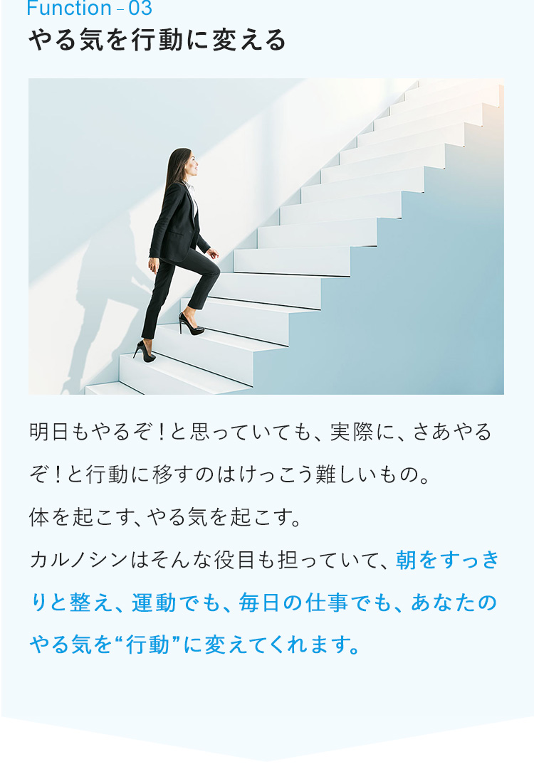 3：やる気を行動に変える　明日もやるぞ！が、今日もやるぞ！、に変わることはけっこう難しいもの。体を起こす、やる気を起こす。カルノシンはそんな役目も担っていて、朝をすっきりと整え、運動でも、毎日の仕事でも、あなたのやる気を“行動”に変えてくれます。