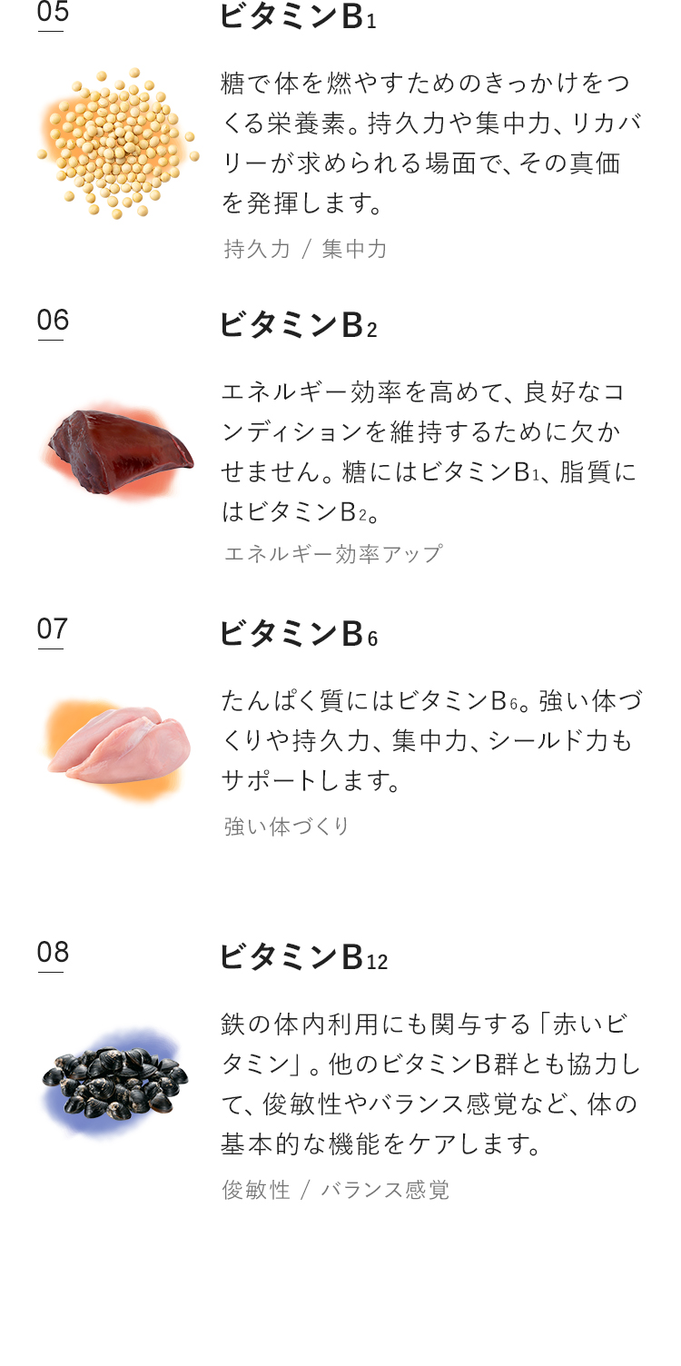 5：ビタミンB1　糖で体を燃やすためのきっかけをつくる栄養素。持久力や集中力、リカバリーが求められる場面で、その真価を発揮します。　6：ビタミンB2　エネルギー効率を高めて、良好なコンディションを維持するために欠かせません。糖にはビタミンB1、脂質にはビタミンB2。　7：ビタミンB6　たんぱく質にはビタミンB6。強い体づくりや持久力、集中力、シールド力もサポートします。　8：ビタミンB12　鉄の体内利用にも関与する「赤いビタミン」。他のビタミンB群とも協力して、俊敏性やバランス感覚など、体の基本的な機能をケアします。