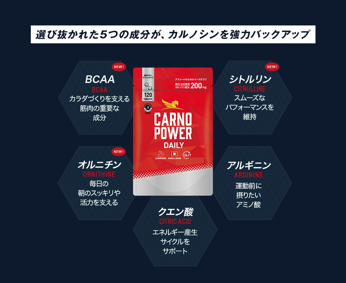 カルノシンと5つの成分（BCAA、オルニチン、シトルリン、アルギニン、クエン酸）