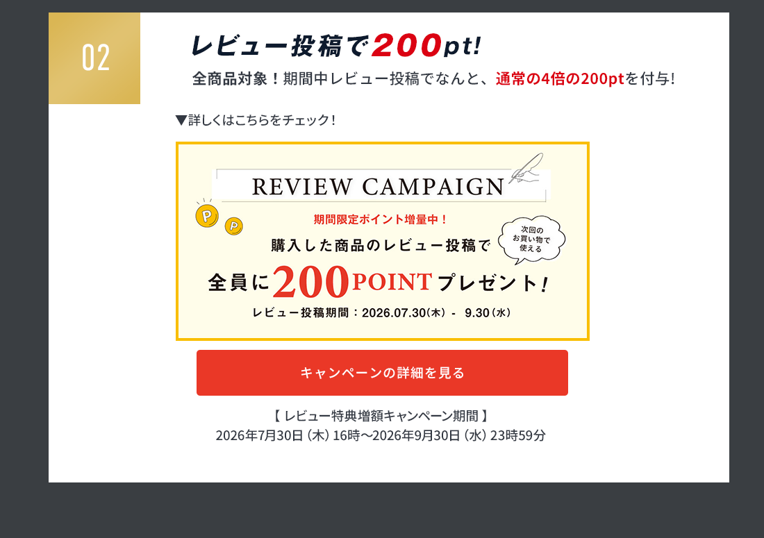 レビュー投稿で200pt!レビューキャンペーン詳しくはこちら！