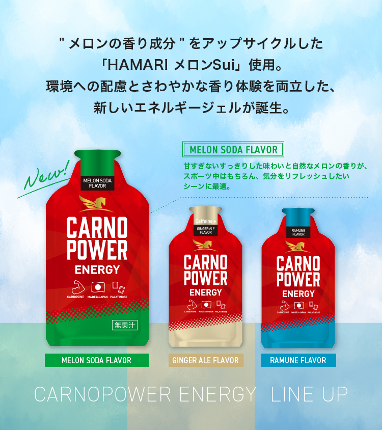 メロンの香り成分をアップサイクルした
「HAMARI メロンSui」使用。環境への配慮とさわやかな香り体験を両立した、新しいエネルギージェルが誕生。
