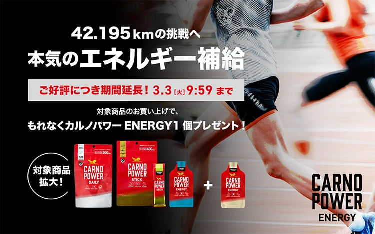 42.195kmの挑戦へ 本気のエネルギー補給 カルノパワーENERGY3個セット