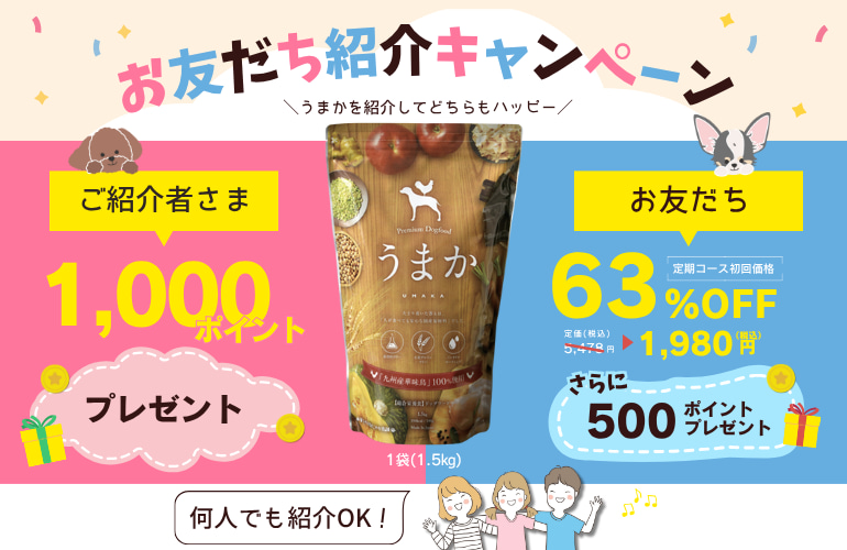 お友だち紹介キャンペーン。ご紹介者さまに1,000ポイント。お友だちはうまか定期コース初回1,980円（税込）、さらに500ポイント。何人でも紹介OK。