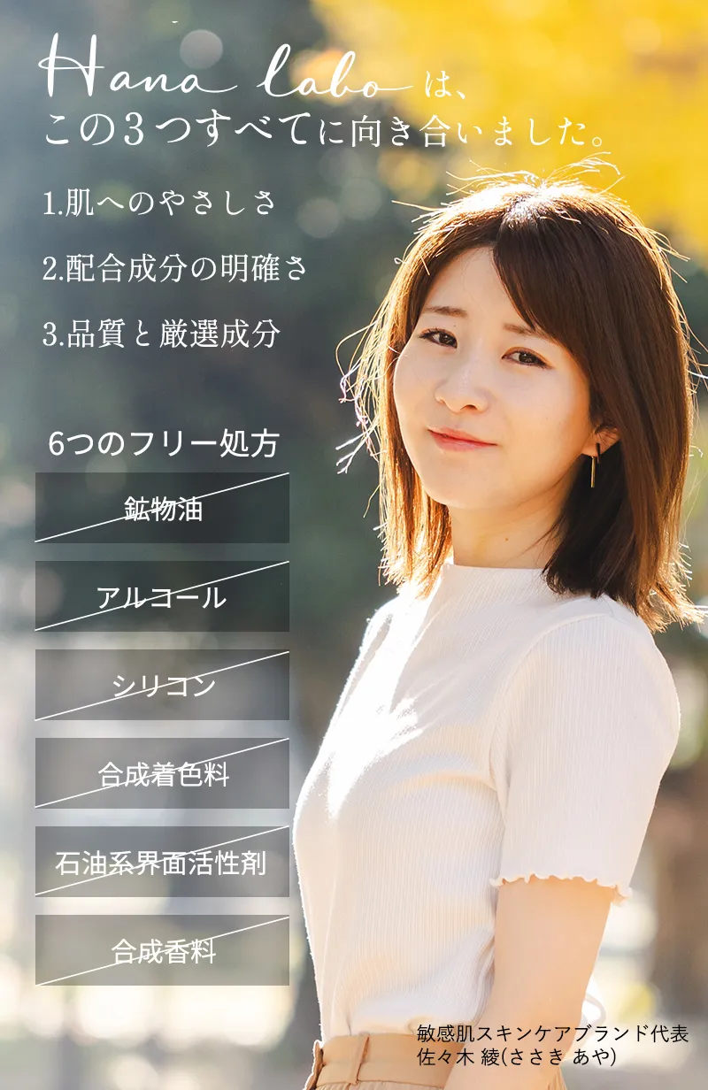 HANA LABOは「肌へのやさしさ」「配合成分の明確さ」「品質と厳選成分」の3つすべてに向き合いました。6つのフリー処方[鉱物油、アルコール、シリコン、合成着色料、石油系界面活性剤、合成香料]