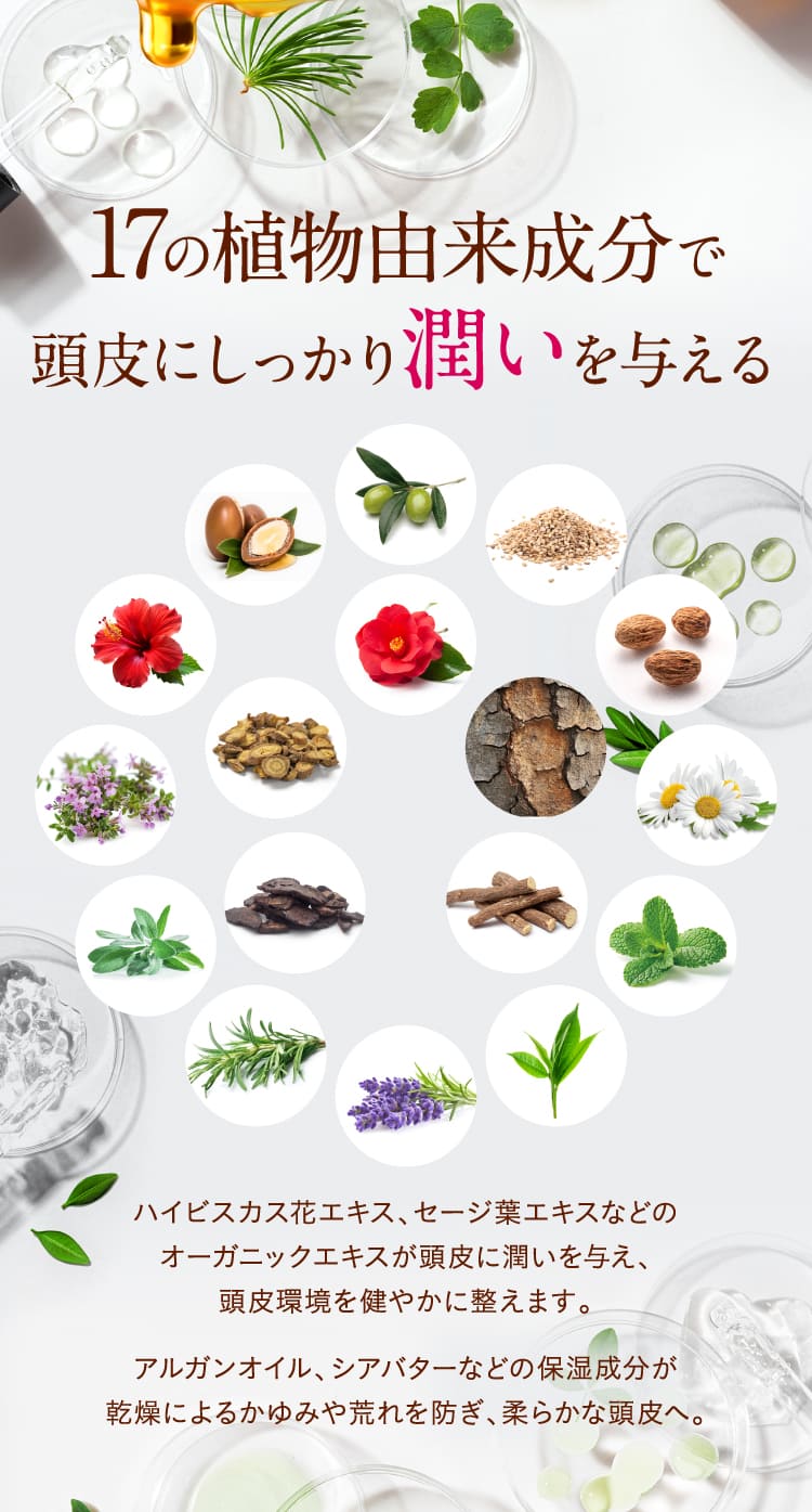 17の植物由来成分で頭皮にしっかり潤いを与える