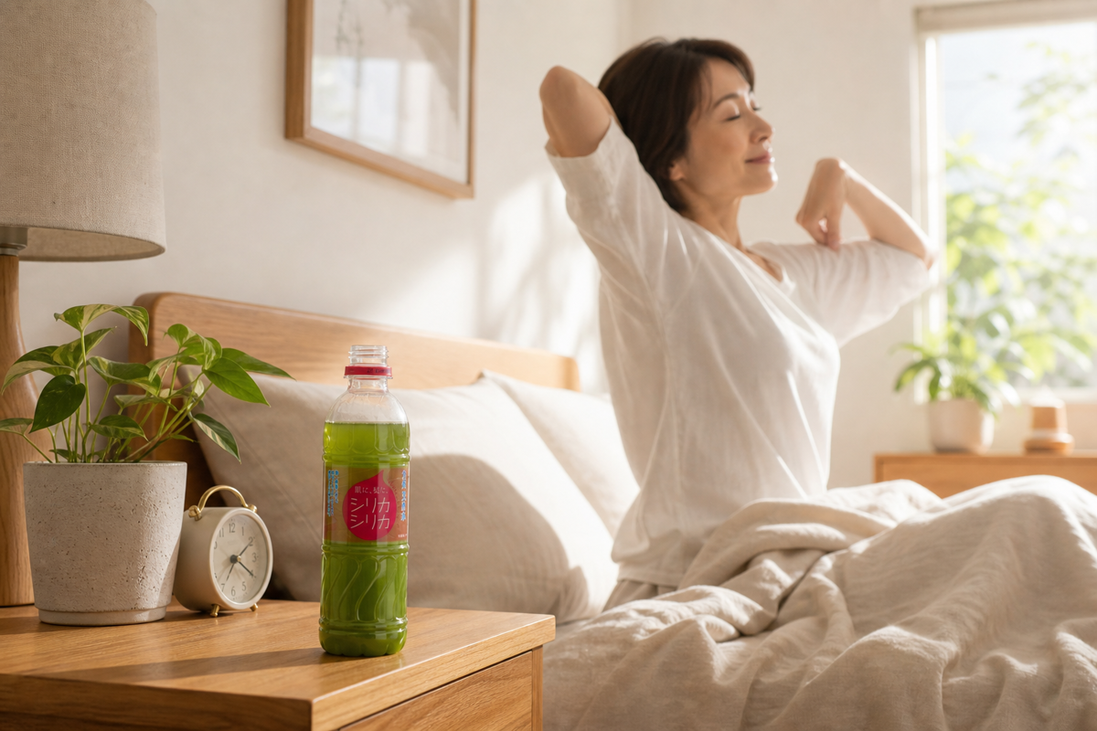 Day 7：朝の寝室で目を覚まし、白いリネンシャツの49歳の女性が穏やかに伸びをするシーン。ベッドサイドに美腸活シリカ習慣の青汁ボトル。一週間続けた朝の小さな満足感。