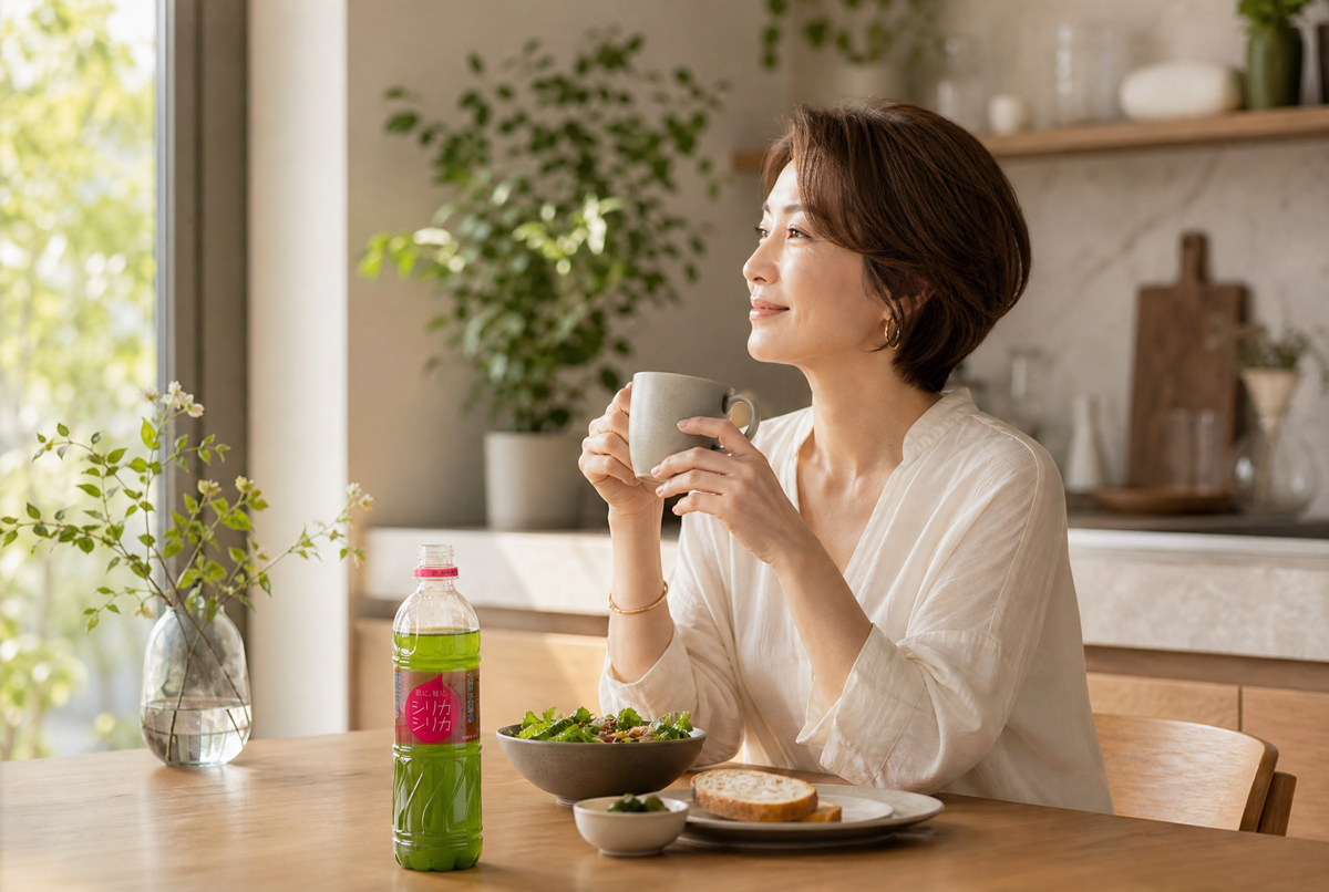 Day 14：明るく爽やかな朝の食卓で、49歳の女性がマグカップを手に窓の外を見て微笑むシーン。テーブルに美腸活シリカ習慣の青汁ボトル、サラダ、パン。二週間続けた朝の余白。