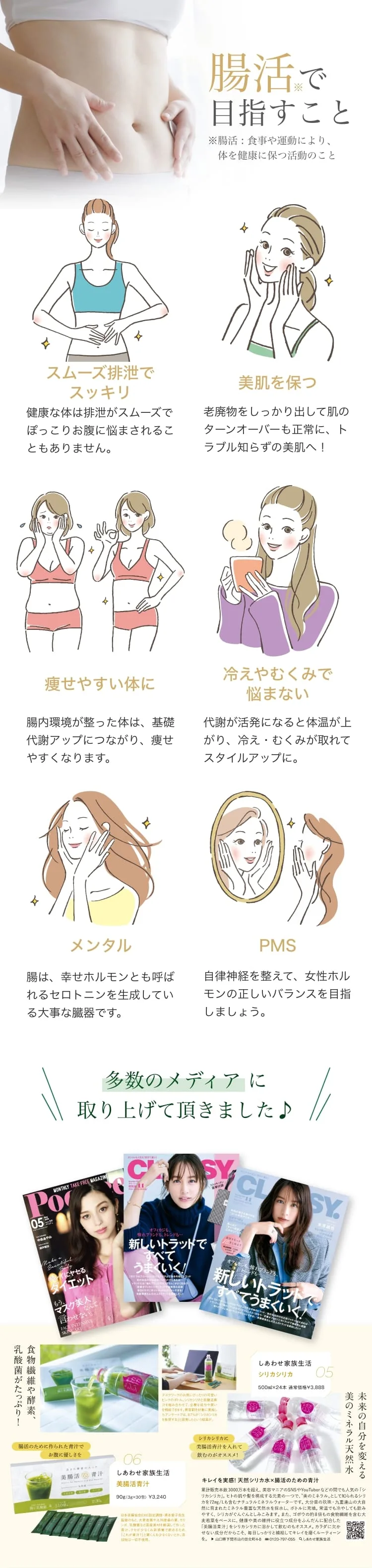 腸活で目指すこと（腸活＝食事や運動により体を健康に保つ活動のこと）。スムーズな排泄、美肌、体づくり、冷えやむくみ、メンタル（セロトニン）、女性の体のリズム。CLASSYなど多数のメディアに掲載。食物繊維や酵素、乳酸菌がたっぷり。