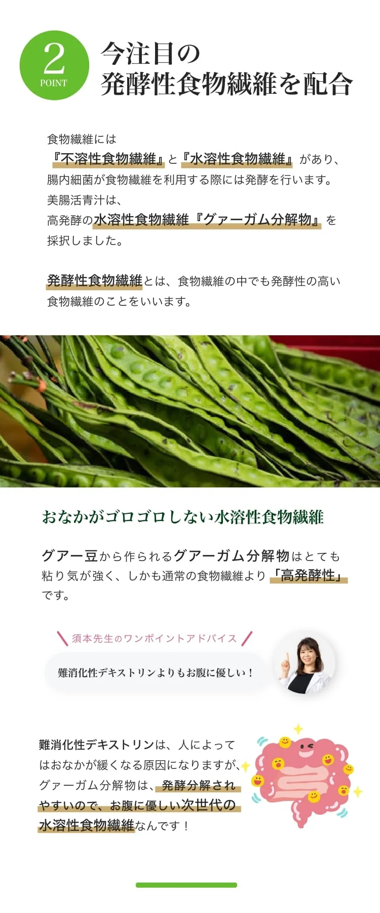 POINT2 今注目の発酵性食物繊維を配合。高発酵の水溶性食物繊維「グァーガム分解物」を採用。グアー豆由来で、難消化性デキストリンよりお腹に優しい、次世代の水溶性食物繊維。