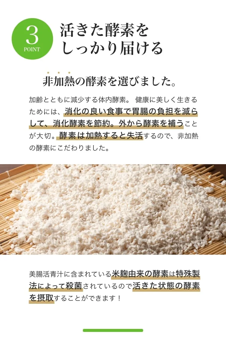 POINT3 活きた酵素をしっかり届ける。酵素は加熱すると失活するため、非加熱の酵素にこだわりました。美腸活青汁は特殊製法により、米麹由来の活きた状態の酵素を摂取できます。