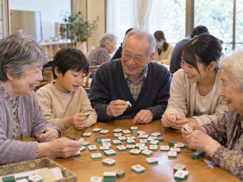 施設で、高齢の方と子どもや若い世代が同じテーブルで牌を手に取っている