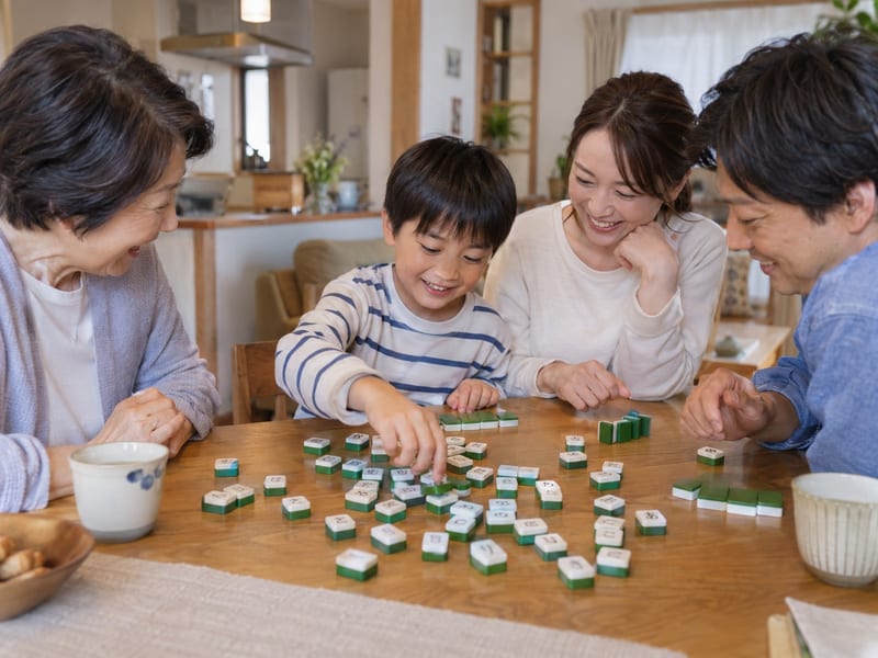 家庭のリビングで、祖父母・親・子どもがひらがな牌を囲んで笑っている