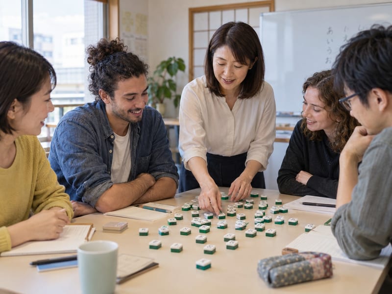 日本語教室で、いろいろな国の学習者と先生が牌を並べている
