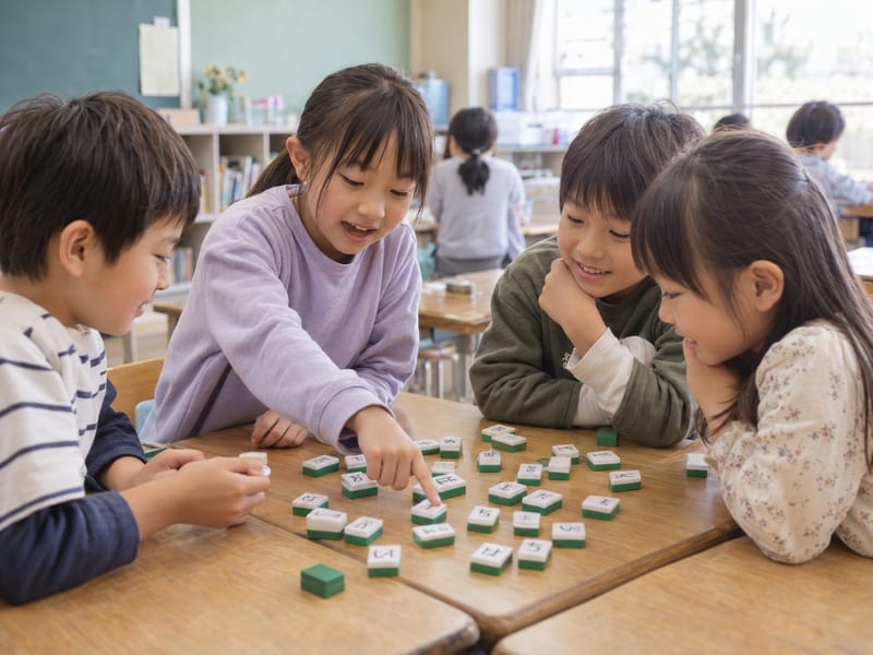 教室で、子どもたちがグループで牌を並べている