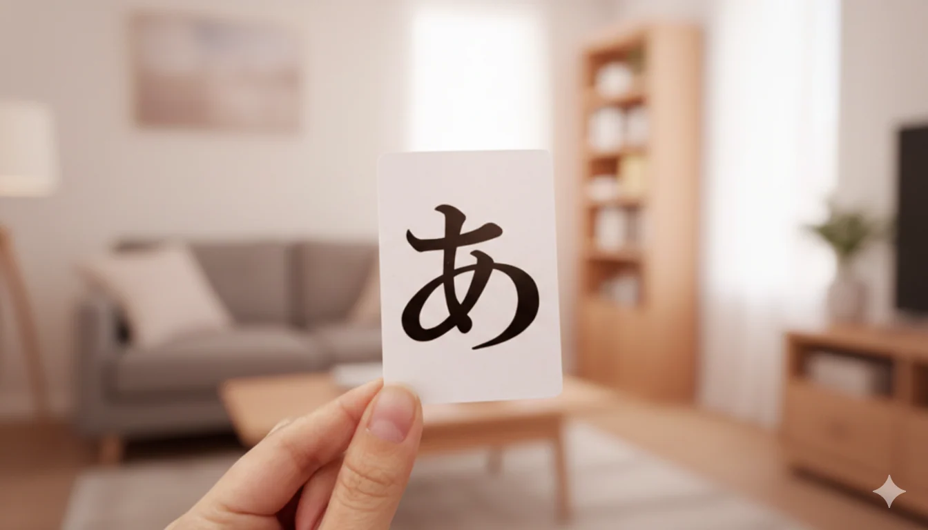 「あ」と書かれたひらがなカードを手に持つ様子