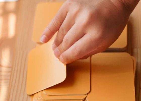 カードの束を手に取るところ