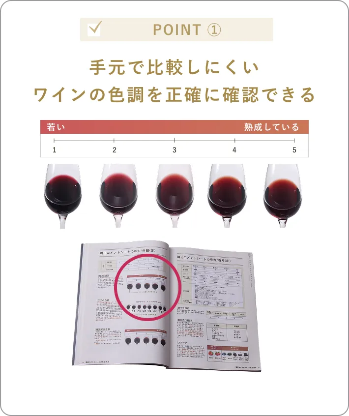手元で比較しにくいワインの色調を正確に確認できる