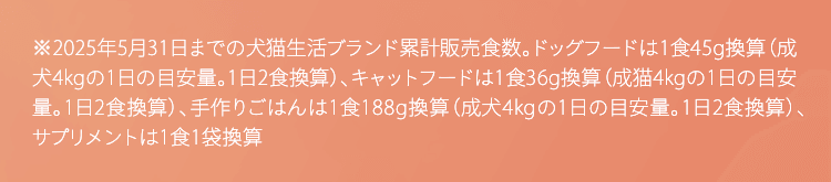 ※2023年6月30日までの犬猫生活ブランド累計販売量（フードは1食50g換算）