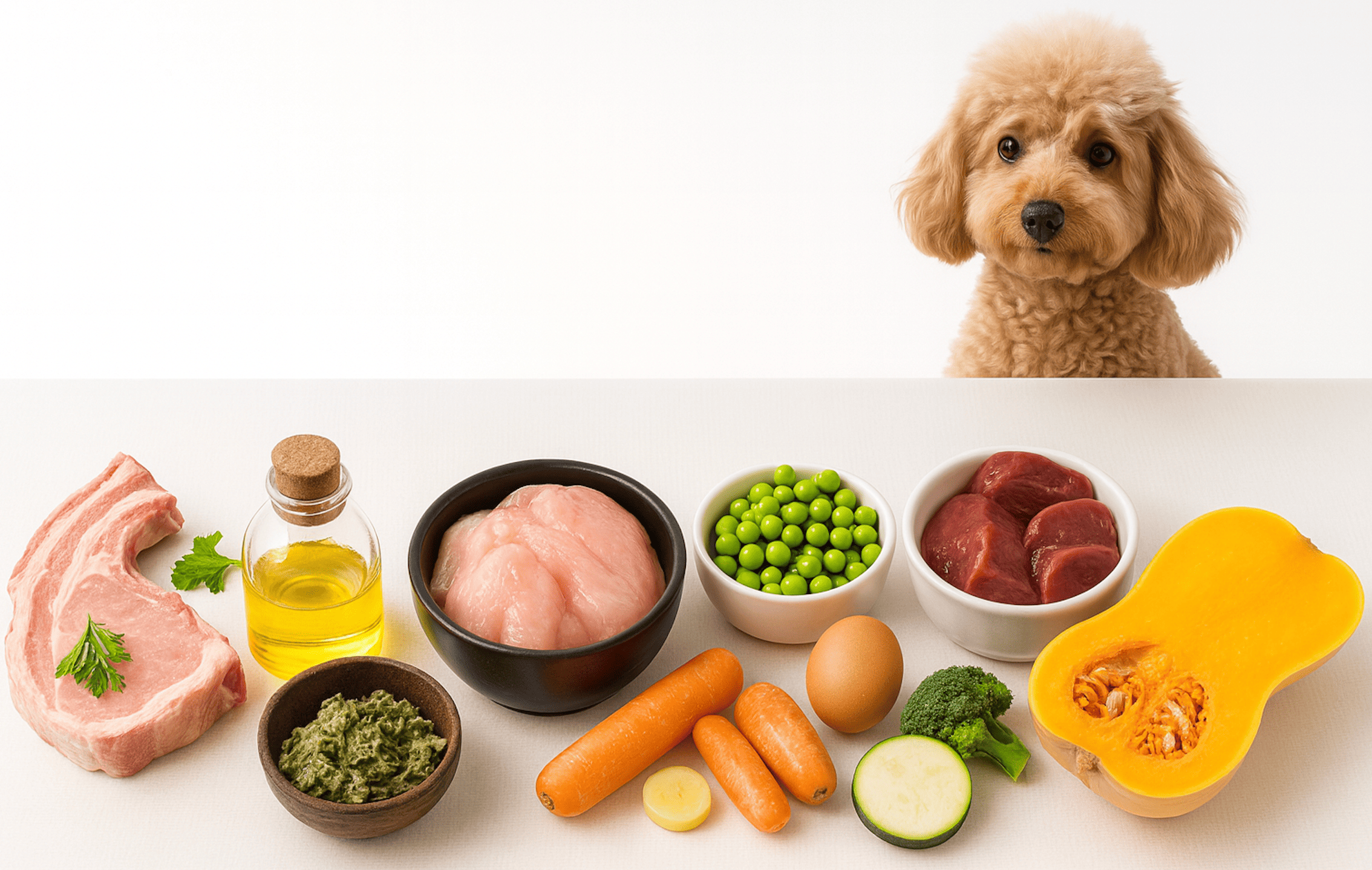 生肉（生食）と愛犬の食事イメージ：犬に必要な栄養素の解説記事用ビジュアル