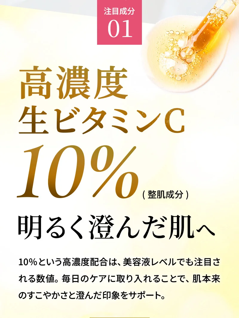 注目成分01：高濃度生ビタミンC10％(整肌成分)10％という高濃度配合は、美容液レベルでも注目される数値。毎日のケアに取り入れることで、肌本来のすこやかさと澄んだ印象をサポート。