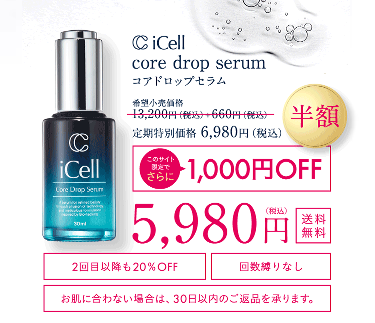 core drop serum コアドロップセラム 希望小売価格 1,2000円（税込）＋600円（税込）定期特別価格 6,980円（税込）半額 先行発売記念キャンペーン クーポン使用で更に1,000円OFF 5,980円税込 送料無料 2回目以降も20%OFF 回数縛りなし お肌に合わない場合は、30日以内のご返品を承ります