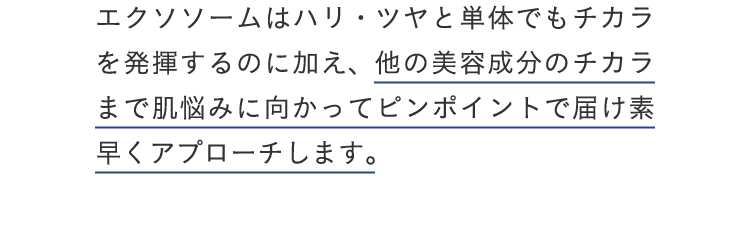 エクソソームはハリ・ツヤと単体でもチカラを発揮するのに加え、他の美容成分のチカラまで肌悩みに向かってピンポイントで届け素早くアプローチします。