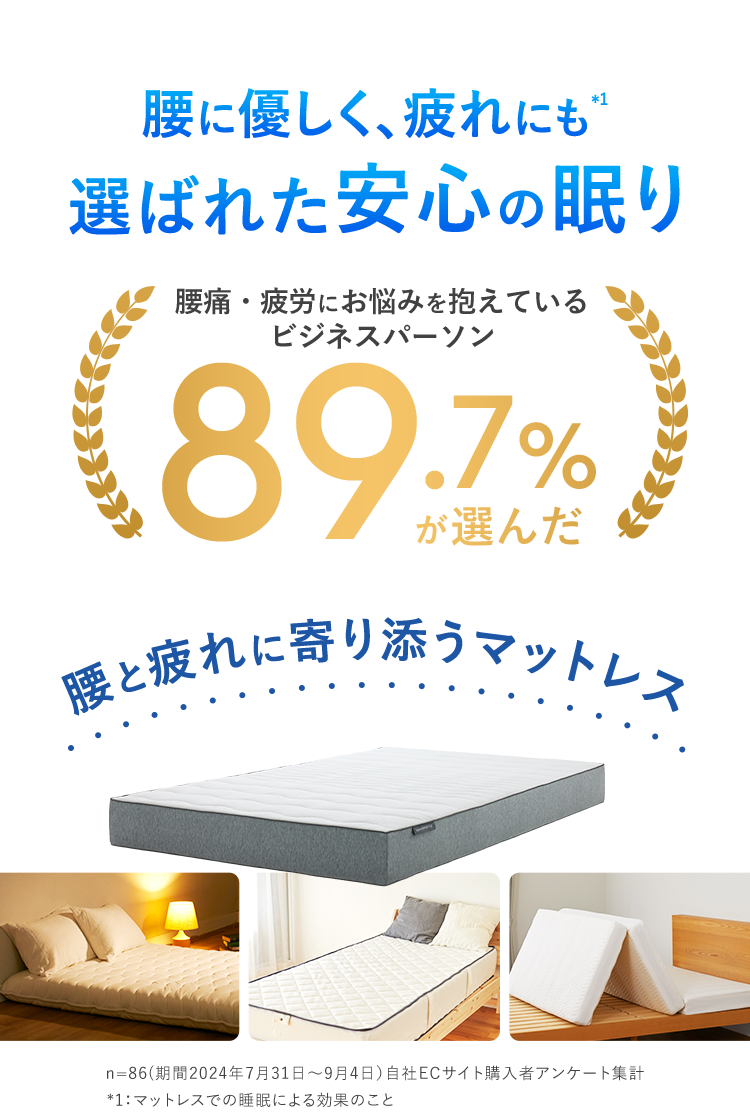腰痛・疲労にお悩みを抱えているビジネスパーソン89.7%が選んだ腰と疲れに寄り添うマットレス