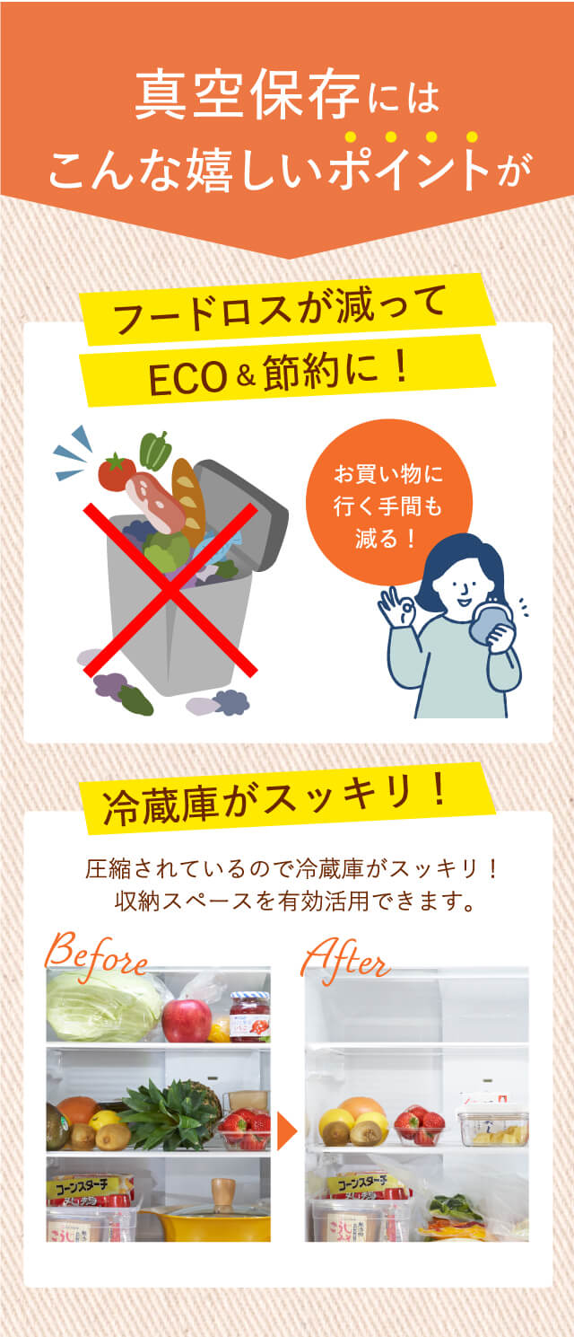 真空保存にはこんな嬉しいポイントが【フードロスが減ってECO＆節約に！】【冷蔵庫がスッキリ！】