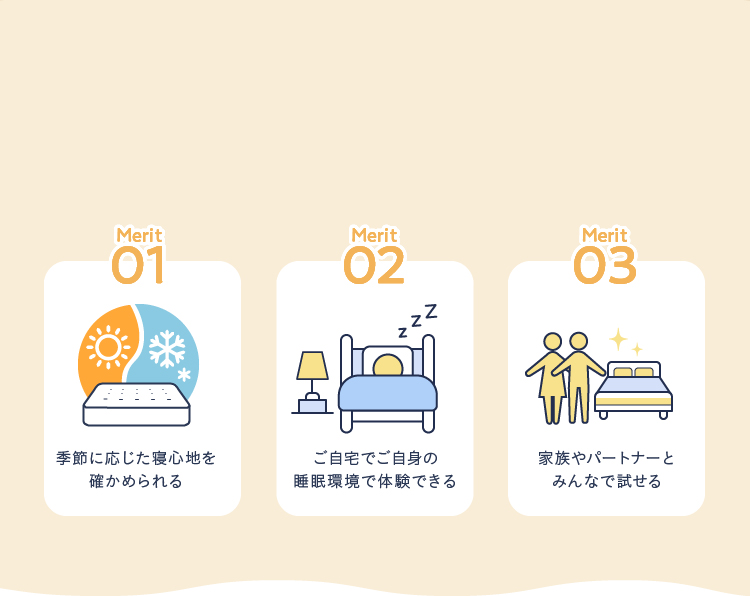 Merit01 季節に応じた寝心地を確かめられる Merit02 ご自宅で自身の睡眠環境で体験できる Merit03 家族やパートナーとみんなで試せる