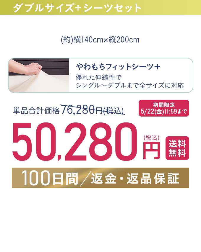 ダブルサイズ+シーツセット 74,280円（税込）【送料無料】【100日間/返金・返品保証】