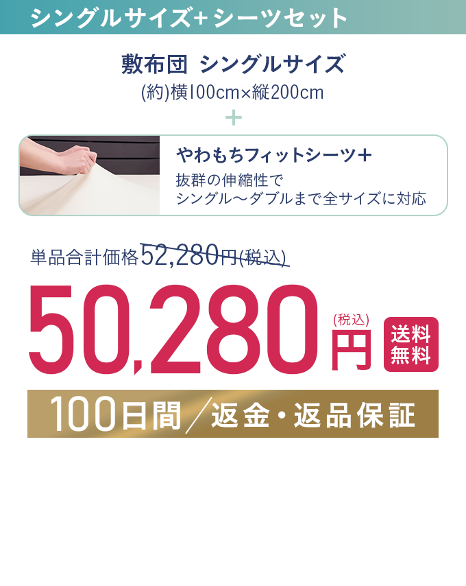 シングルサイズ+シーツセット 50,280円（税込）【送料無料】【100日間/返金・返品保証】