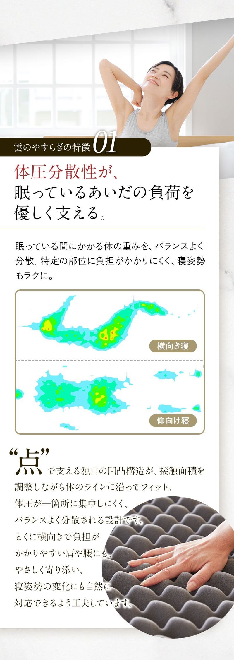 眠っている間にかかる体の重みを、バランスよく分散。特定の部位に負担がかかりにくく、寝姿勢もラクに。 “点”で支える独自の凹凸構造が、接触面積を調整しながら体のラインに沿ってフィット。体圧が一箇所に集中しにくく、バランスよく分散される設計です。とくに横向きで負担がかかりやすい肩や腰にも、やさしく寄り添い、寝姿勢の変化にも自然に対応できるよう工夫しています。