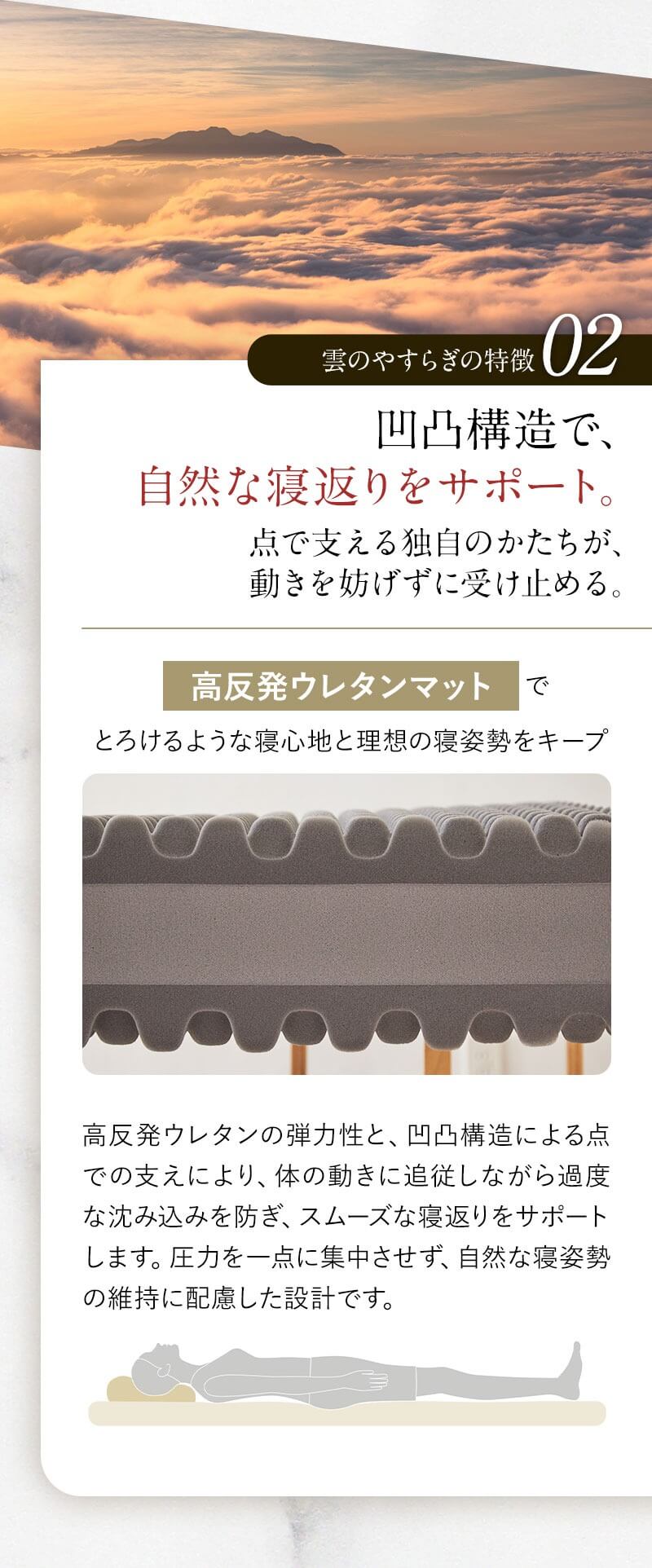 点で支える独自のかたちが、動きを妨げずに受け止める。 高反発ウレタンマットでとろけるような寝心地と理想の寝姿勢をキープ 点で支える独自のかたちが、動きを妨げずに受け止める。