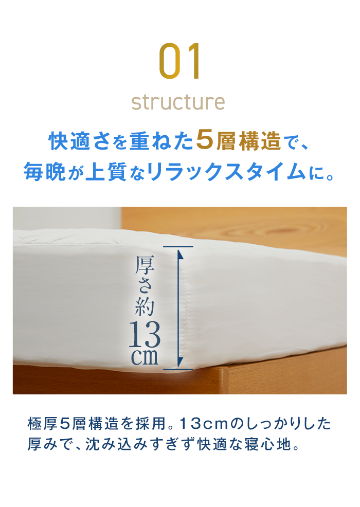 01 快適さを重ねた5層構造で、毎晩が上質なリラックスタイムに。