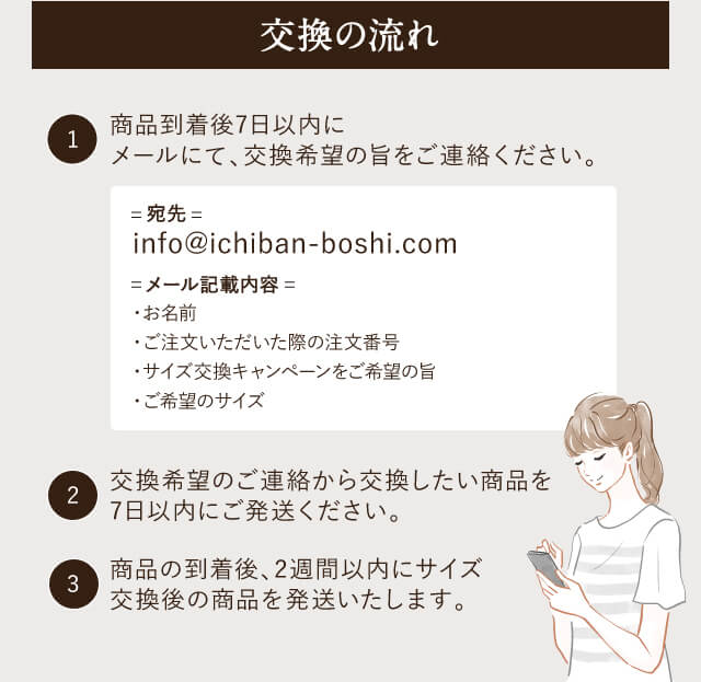【交換の流れ】①商品到着後7日以内にメールにて、交換希望の旨をご連絡ください。②交換希望のご連絡から交換したい商品を7日以内にご発送ください。③商品の到着後、2週間以内にサイズ交換後の商品を発送いたします。