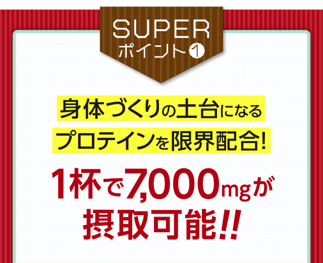 【SUPERポイント1】身体づくりの土台になるプロテインを限界配合！1杯で7,000㎎が摂取可能!!