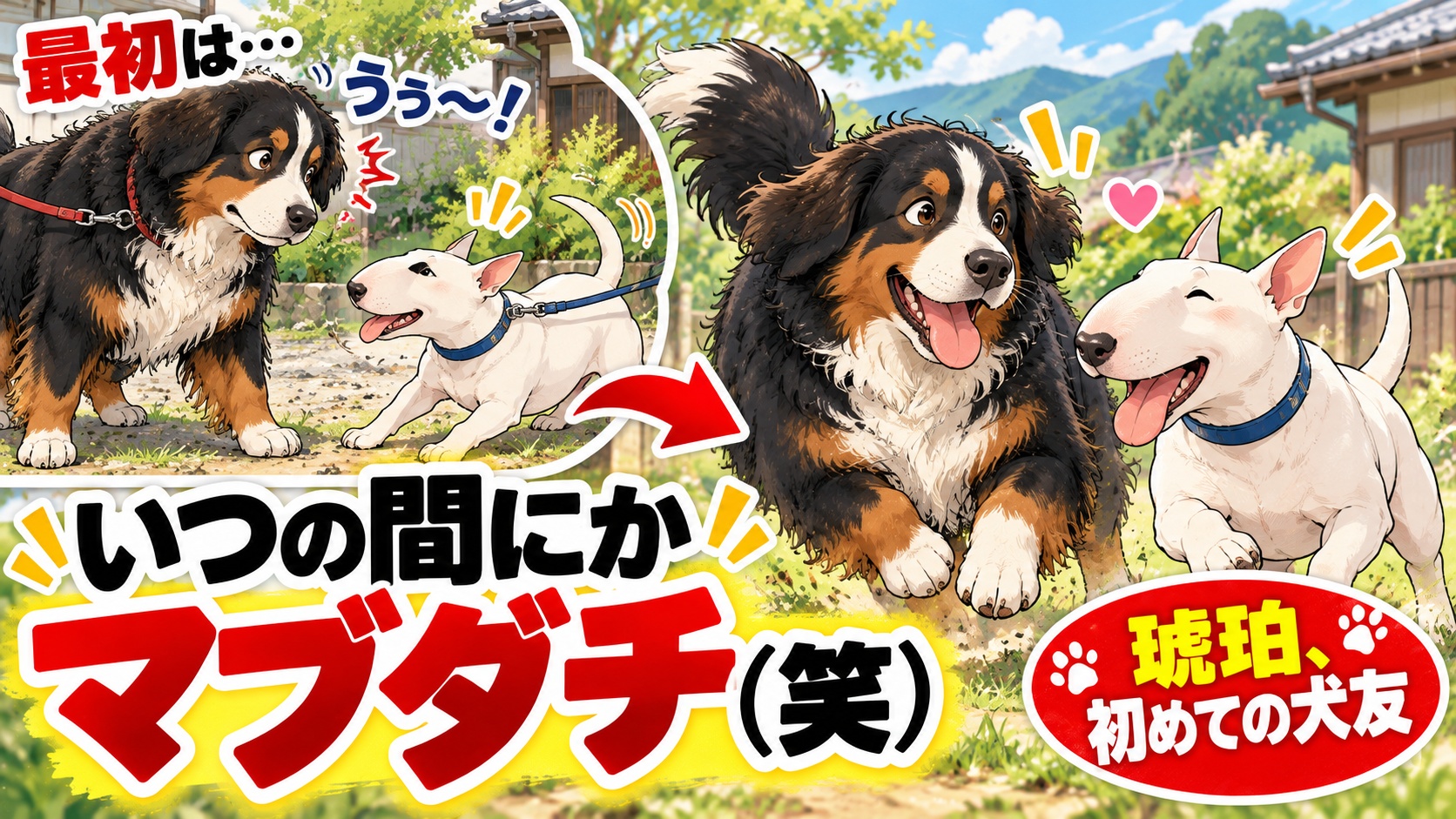さっきまで唸ってたのに（笑）琥珀、お尻の匂いを嗅ぎ合って初めての犬友ができました
