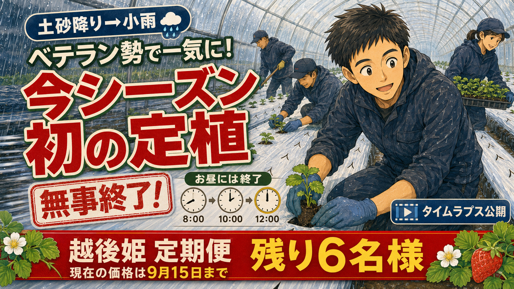 雨の中、今シーズン初の越後姫を定植。指示しなくても動くチームで一気に植え終わりました