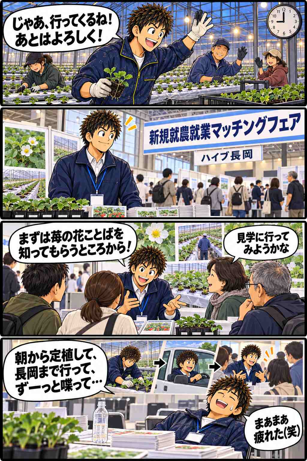 朝の定植から新規就農就業マッチングフェアへ参加した一日を描いた4コマ漫画